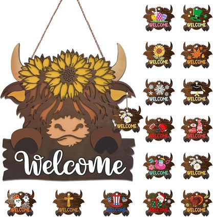 Highland Cow Front Door Decorations - Interchangeable Welcome Sign for Front Door with 15 Set Changeable Icons for Seasons Holiday Thanksgiving Christmas Door Decor