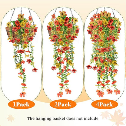 Artificial Flowers for Fall Decor, Artificial Hanging Flowers for Outdoors, 4pcs Realistic Faux Daisy Baskets Fake Plants for Autumn Thanksgiving Garden Front Porch Courtyard Patio (Orange Yellow)