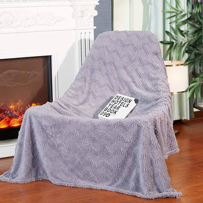 Jacquard Boho Fleece Throw Blanket-Cozy Fluffy Soft Lightweight Fuzzy Blanket for Sofa, Couch, Bed, Chair & Car, Gifts for Teen Girls, Women & Men, Home and Dorm Decor, Light Gray, 50" x 70"