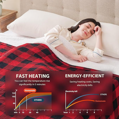 Homemate Electric Blanket Heated Throw - 50“x60“ Ultra Soft Cozy Flannel Heating Blanket with 10 Fast Heat Levels 8 Hours Auto Off Over-Heated Protection ETL Certification Keep Warm in Home Office