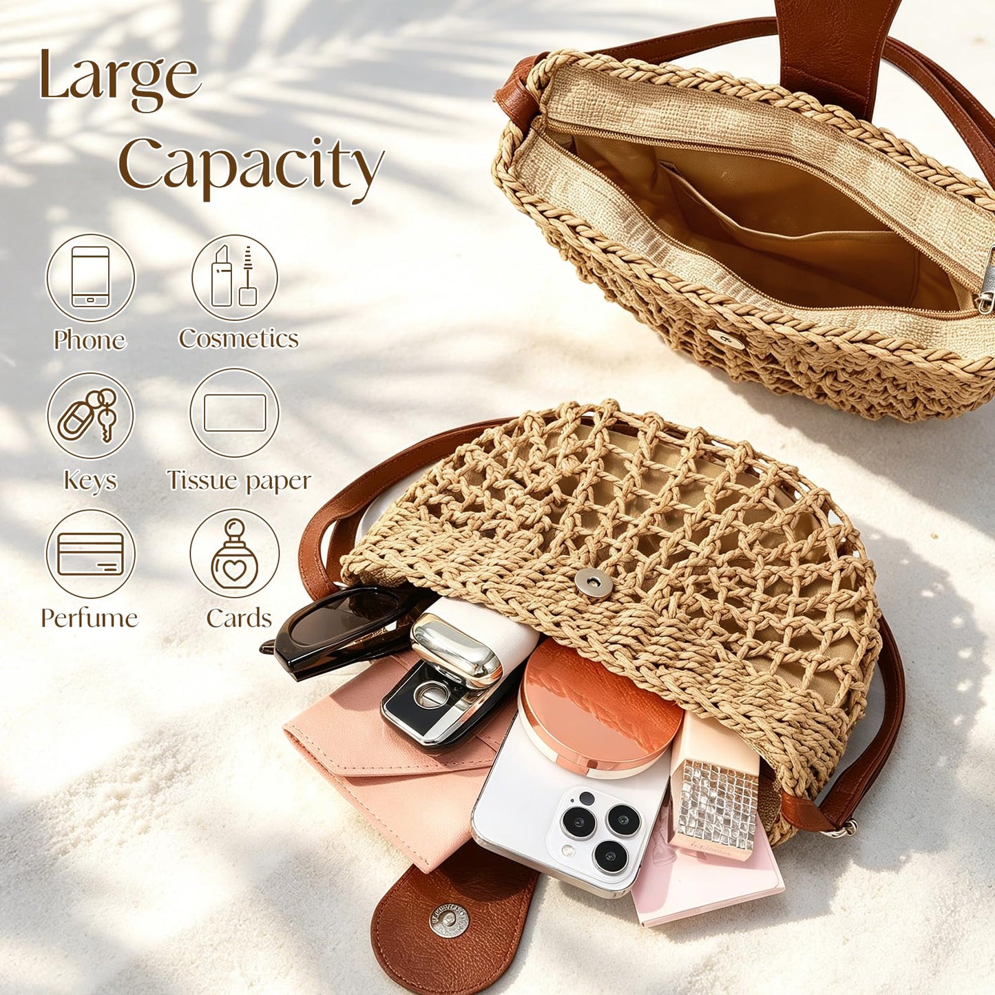 XquiziFit Straw Bag Beach Purse Summer Purses for Women Vacation Handbags Woven Crossbody Bags Khaki