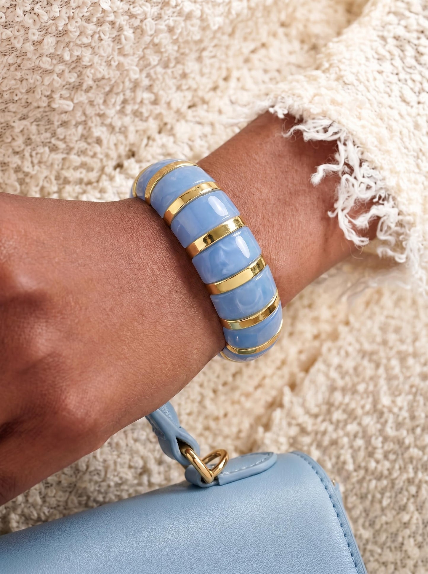 BREPINE Blue Chunky Bracelets for Women Beaded Beach Summer Boho Thick Geometric Bead Elastic Stretch Vacation Statement Wide Bracelet