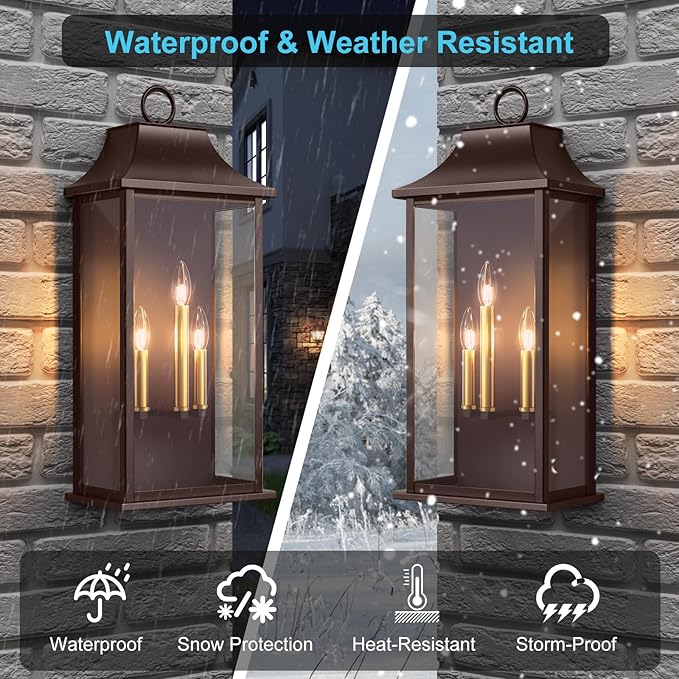 Dusk to Dawn Outdoor Wall Light 3-Light, 25.3" Large Outdoor Light Fixture, Oil Rubbed Bronze Exterior Wall Lantern, Waterproof Outside Wall Sconce for House Porch Patio