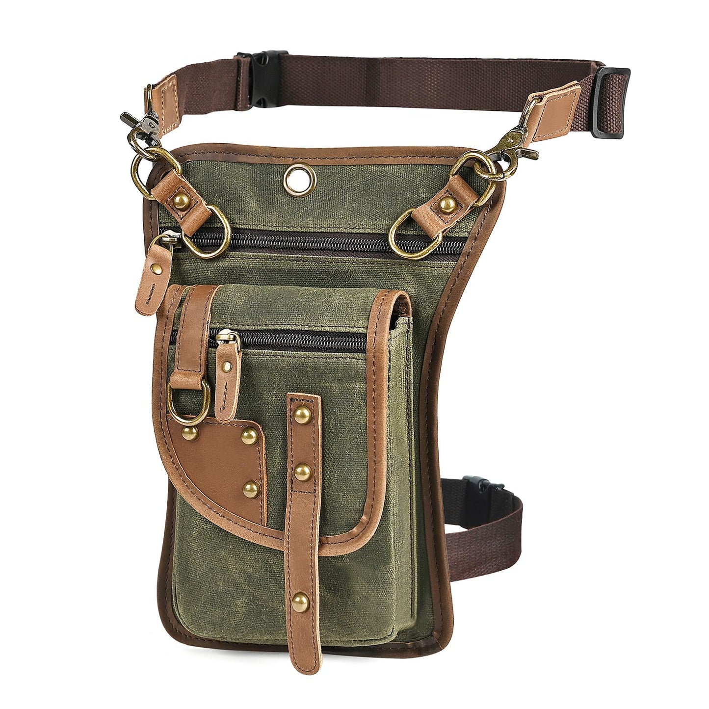 Handadsume Canvas + Leather Motorcycle Travel Fanny Waist Pack Drop Thigh Leg Bag Pouch For Men Women FB2141 (2141-The Army Green)