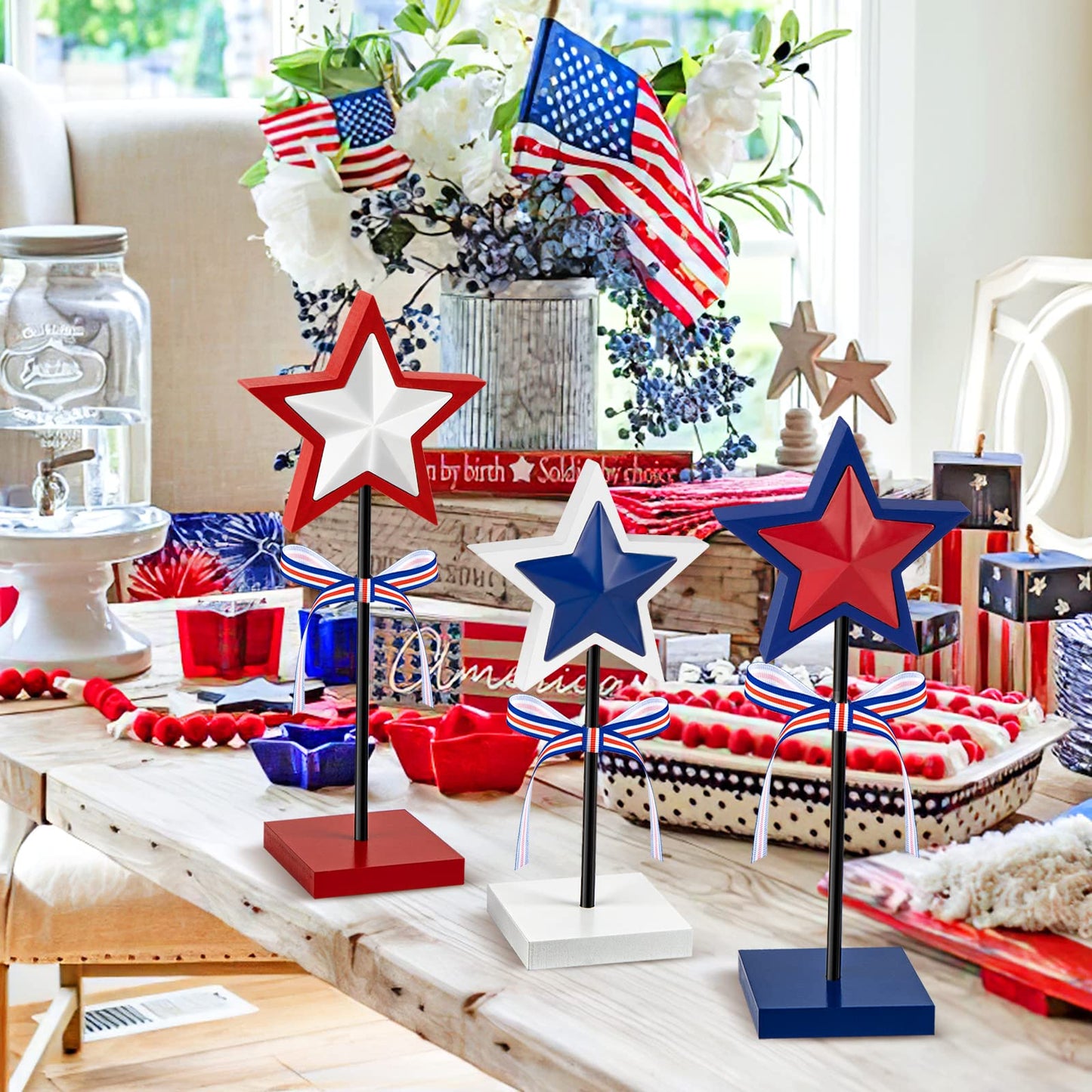 3 Pieces 4th of July Tiered Tray Decor Wood Star Set, Memorial Day Table Decorations, Rustic Patriotic Table Decorations, Red White and Blue Decorations for Home Tables(Classic)