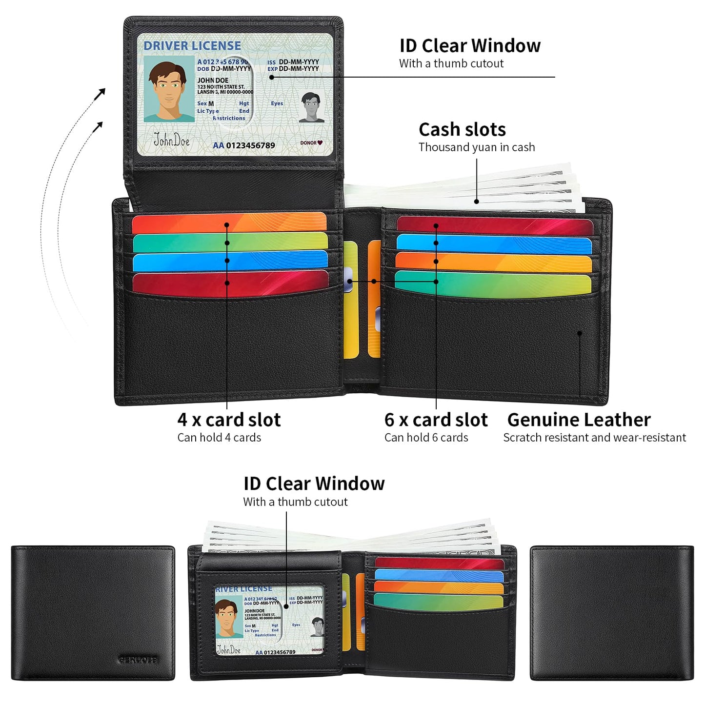 Leather Wallets for Men, Genuine Leather Mens Wallets Bifold Rfid Blocking with 2 ID Windows Bifold Top Flip, Extra Capacity Travel Wallet (Black)