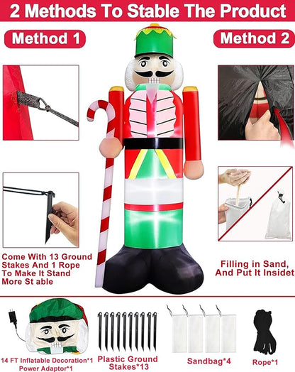 TURNMEON 14FT Giant Christmas Inflatables Nutcracker Soldier Outdoor Decorations Hold Candy Cane Inflatable Nutcracker Christmas Decorations Built-in LED Lights Blow Up Xmas Decor Outside Yard Lawn