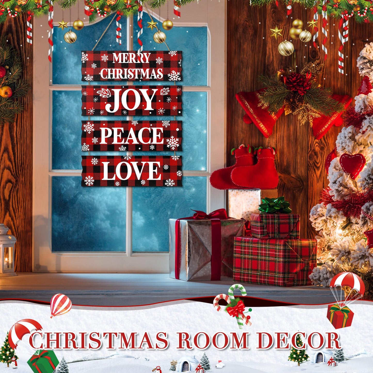 Geelin 4 Pcs Christmas Wood Hanging Signs - Merry Christmas, Joy, Peace, Love - Wooden Square Sign Decoration for Home Indoor Outdoor(Plaid Style)