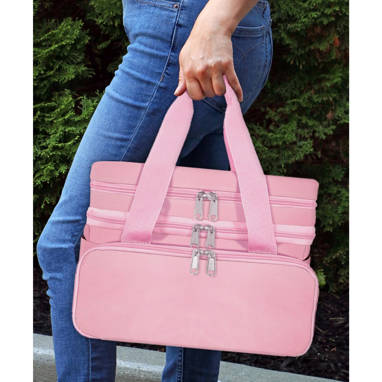 SINGER Sewing Accessories Organizer (Bag Only) – Double Layer Portable Sewing Storage Bag | 2 Detachable Pouches and 18 Compartments, Large Sewing Supplies & Crafting Carry-all (Pink)