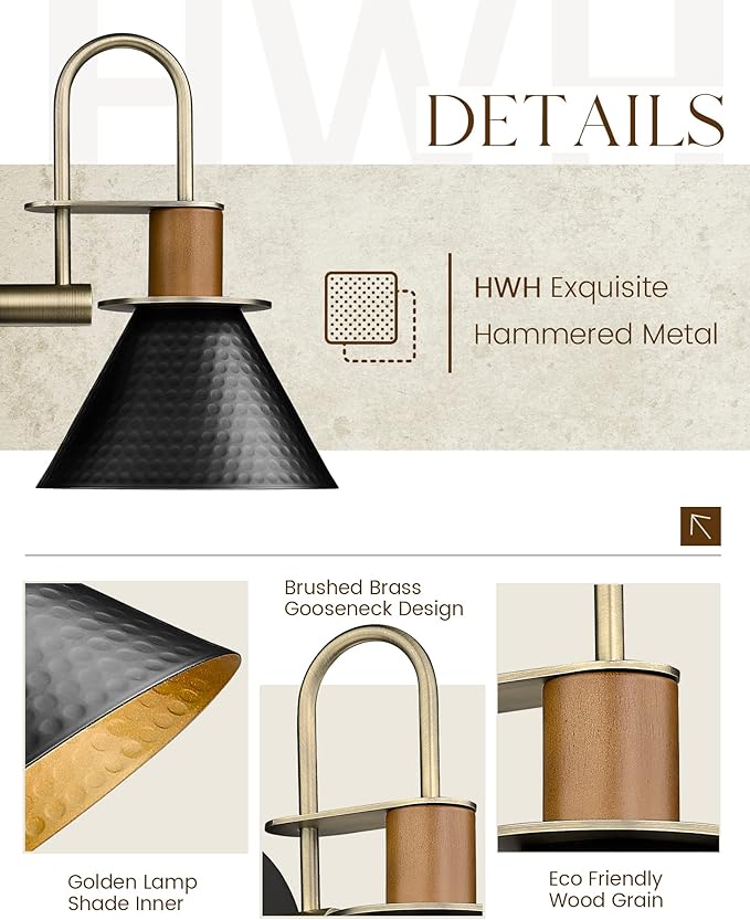 Black and Gold Wall Sconces, HWH Industrial Sconces Wall Lighting Indoor Vanity Barn Light Fixture, Gooseneck Wall Lamp for Bathroom Bedside Bedroom Kitchen, Hammered Metal Shade, 5HZG74B-L BK+BG