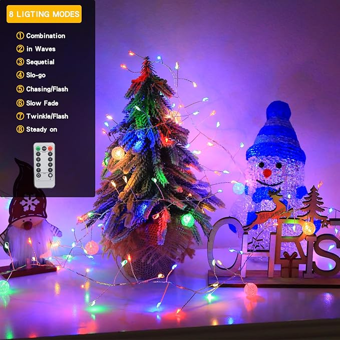 Copper Wire Firecracker Christmas Lights, 6FT 120LED Battery Operated Twinkle Cluster Fairy Lights for Christmas Tree with Remote for Bedroom Dorm Wreath DIY Wedding Christmas Decoration