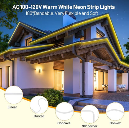FORT LED Neon Strip Lights 50FT 15M Warm White 110V 120V Led Rope Light AC Driverless Waterproof High Brightness, Easy Installation - Energy-Saving, UV-Resistant - 2 Yr Warranty ETL ROHS FCC