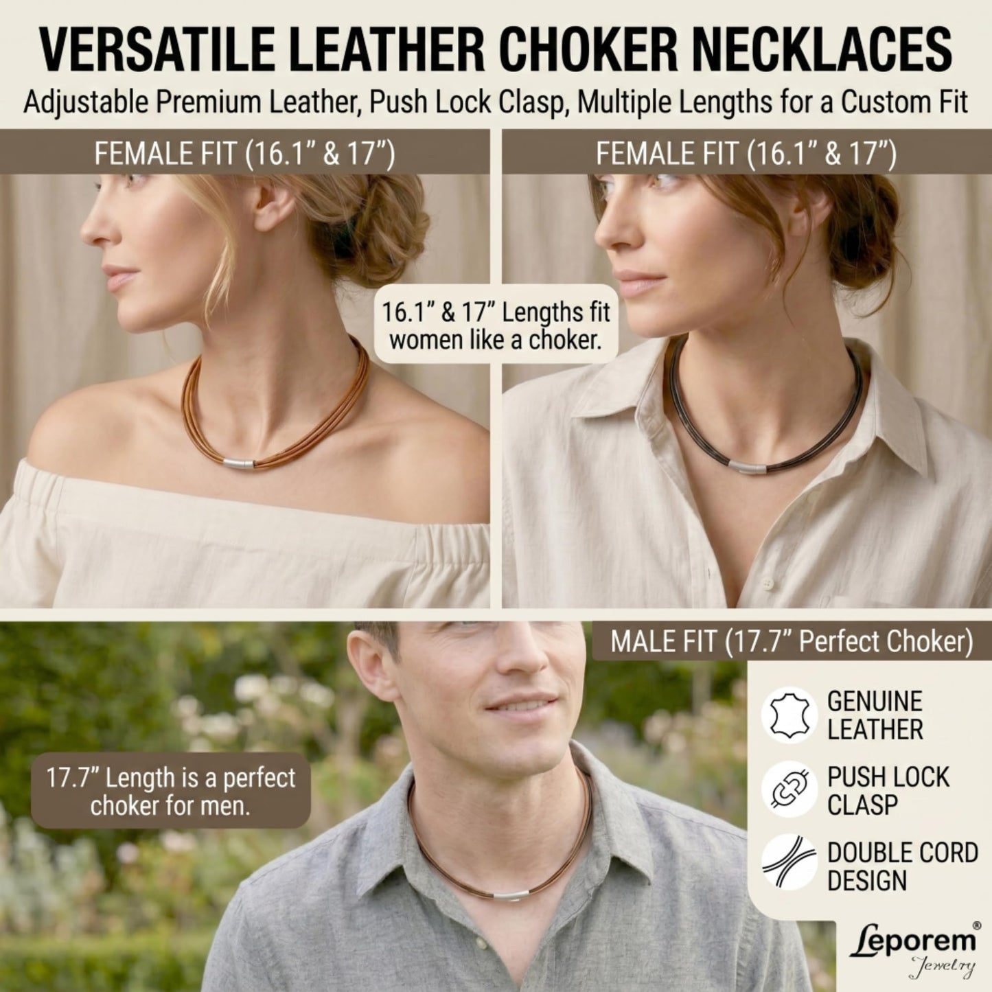Leporem Unisex Genuine Cowhide Leather Wrap Bracelet Choker Minimalist Push-Lock Clasp Premium Surgical Steel Wristband 17.7 Inch Brown Gift Box (Brown, 17.7 Inches)
