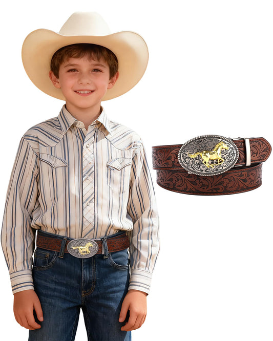 AWAYTR Kids Ratchet Western Belt - PU Leather Cowboy Belt Adjustable Toddler to Big Kid Sizes for Jeans (Gunmetal Gold Horse-Dark Brown, Fit Waist: 30.5"-35")
