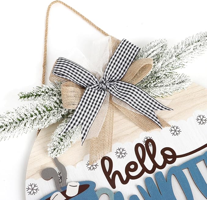 TOARTi Hello Winter Welcome Door Wreath with Bow Pine(11.4''x11.4''), Rustic Coffee Cup Snowflake Sign Hanging, Farmhouse Home Kitchen Cafe Wooden Decoration for Christmas Winter Housewarming Gift