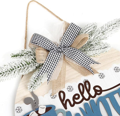 TOARTi Hello Winter Welcome Door Wreath with Bow Pine(11.4''x11.4''), Rustic Coffee Cup Snowflake Sign Hanging, Farmhouse Home Kitchen Cafe Wooden Decoration for Christmas Winter Housewarming Gift