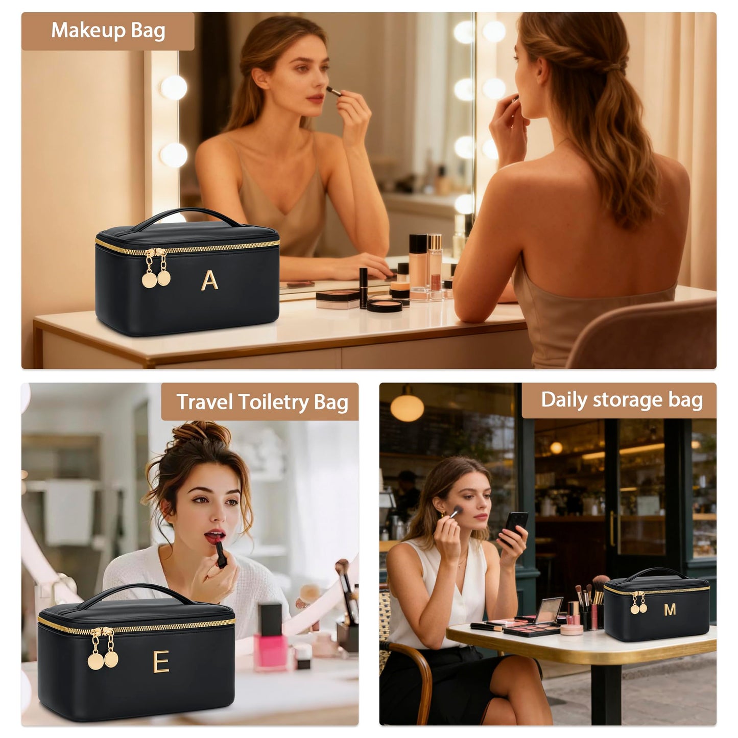 CLOUDWINGS Gifts for Women Travel Makeup Bag Personalized Cosmetic Bag Portable Large Capacity Toiletry Bag(Black-A)