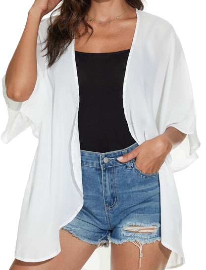 Women Summer Tops Kimono Cardigans Sheer Beach Cover Ups Chiffon Open Front Shirts （White,4XL