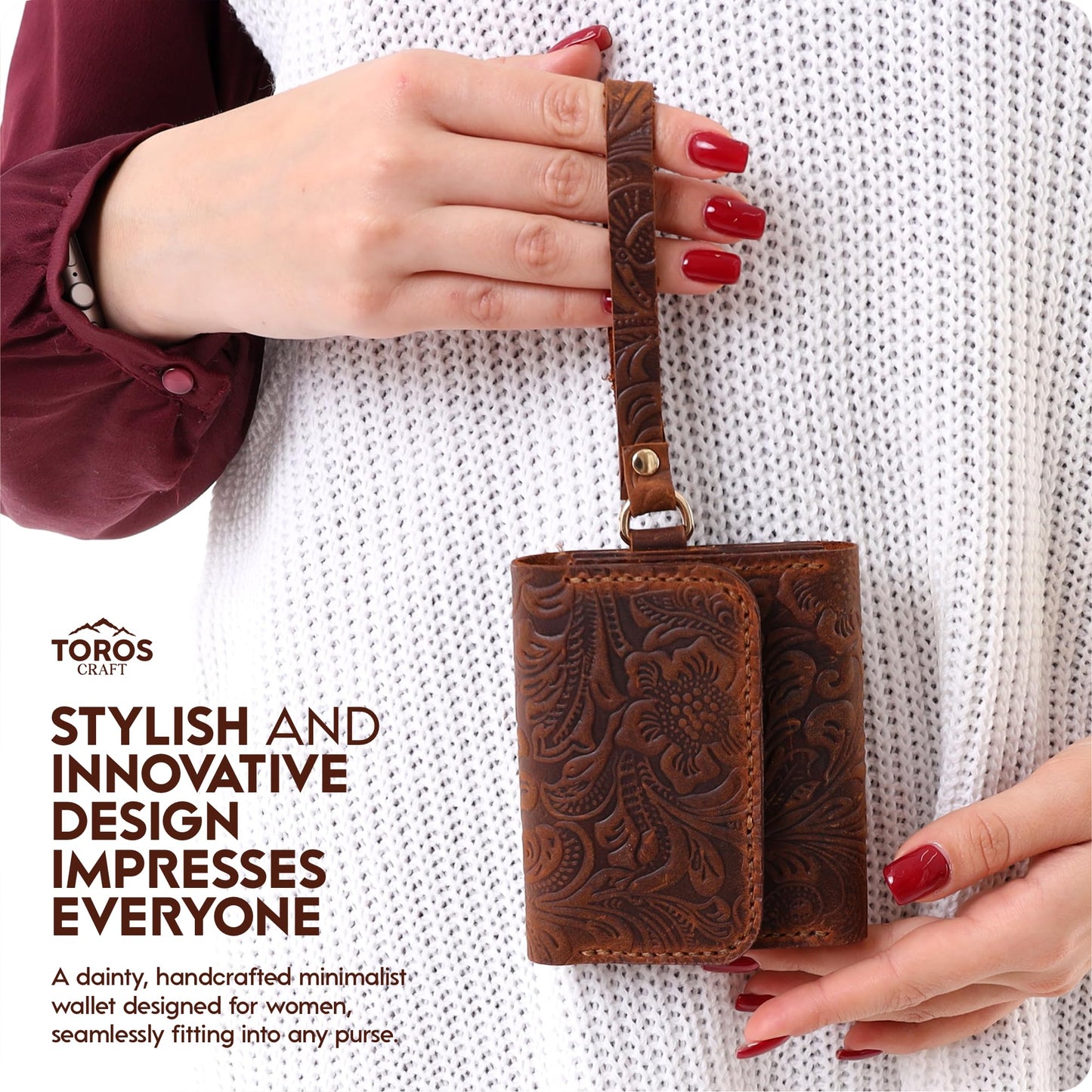 Toros Craft Handmade Wristlet Wallets for Women, Western Floral Leather Small Credit Card Holder with Zipper, Minimalist & Cute Coin Pouch, Genuine Leather, Dark Brown