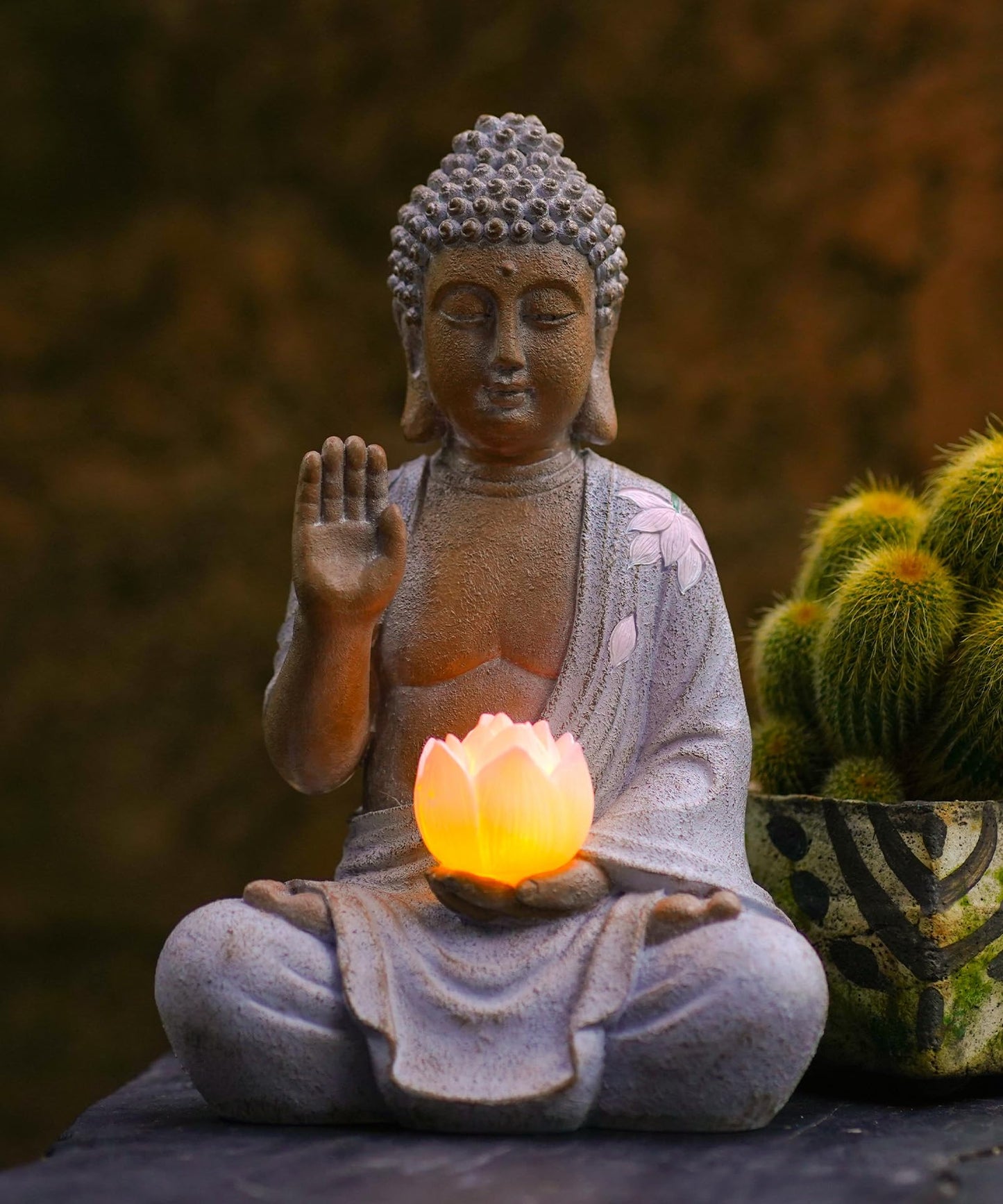 Nacome Solar Buddha Garden Statue Decor: Sitting Resin Figurine with Lotus Flower Light Zen Sculpture for Patio Lawn Yard Porch Balcony Meditation Space - 10.6 inches(White)