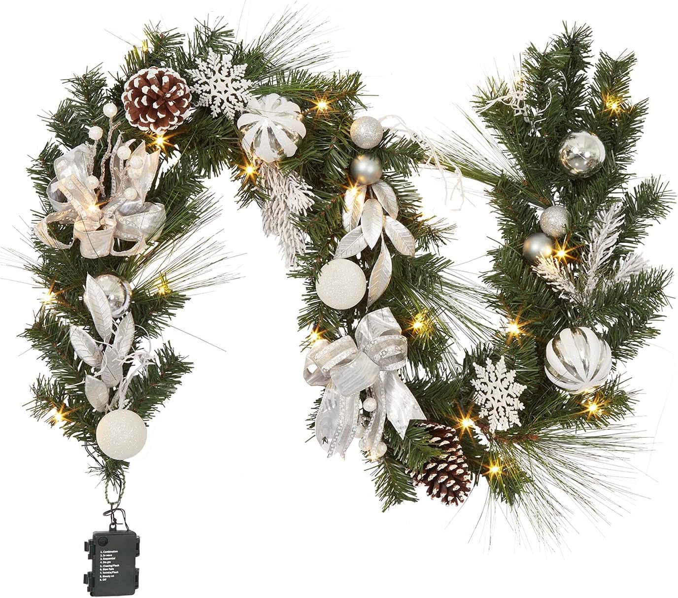 LinTimes Christmas Garland with 20 LED Lights, 6 FT Pre-lit Silver White Xmas Garland with Bow-Knot Ball Ornaments, Battery Operated Garland with Timer for Mantle Staircase Table Decoration