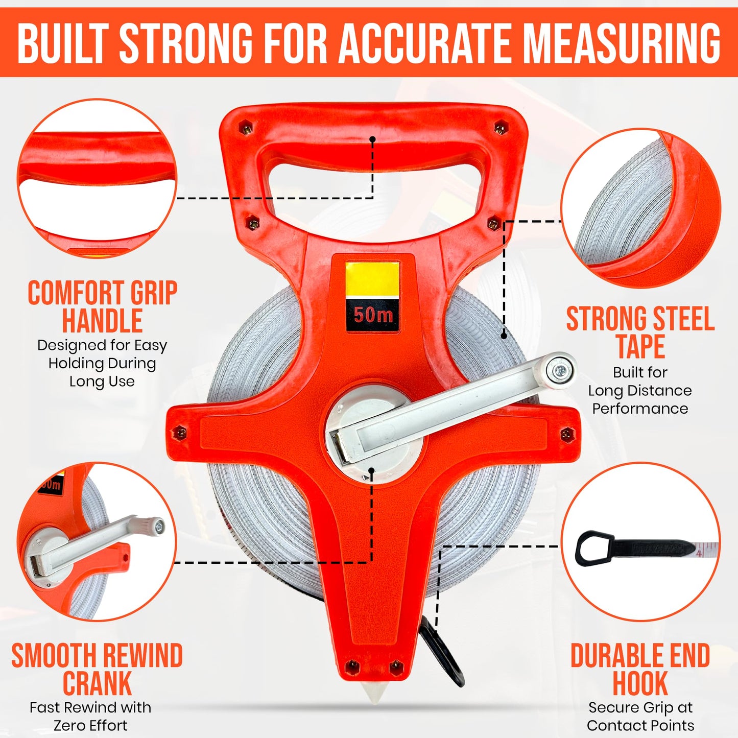 Harrier Hardware 55 Yard / 165 Foot Long Open Reel Tape Measure, Orange, SAE & Metric Scales, Durable for Construction Measuring Tape