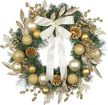 24 inch Christmas Door Wreath, Large Pine Wreaths for Front Door with Champagne Bow Golden Ball Glittered Leaf Spray Stems Pinecones for Fireplace Xmas Decorations, Wall Window Indoor Outdoor Decor