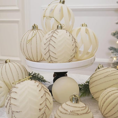 3.15INCH Beige Velvet Ornaments for Christmas Tree, 12PCS Glitter Flocked Christmas Ornaments Decorations Balls Set Decor
