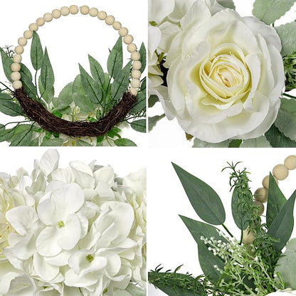 Spring Wreaths for Front Door 10" Artificial Floral Wood Bead Wreaths Eucalyptus Leaves Rose Hydrangea Wreaths for Front Door Boho Farmhouse Wall Decor 2 Pack - White