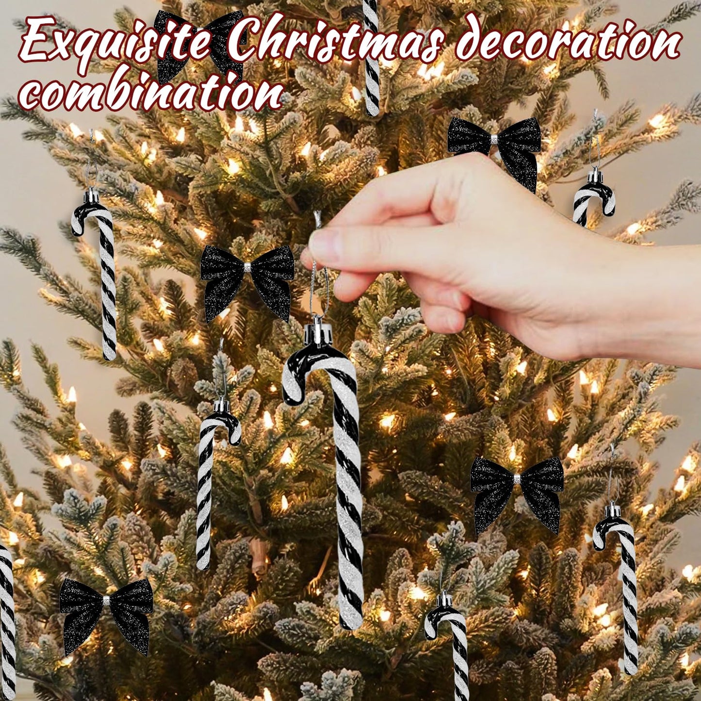 24 Pcs Candy Cane Christmas Decorations,5.5inch Glitter Candy Cane Bows for Xmas Tree Hanging Ornament Holiday Festival Party Home Decoration (Black)