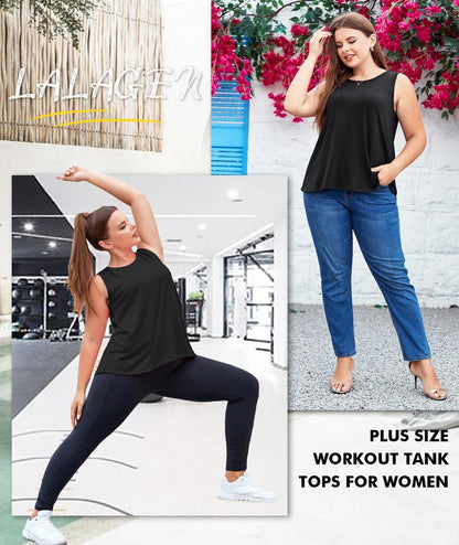 LALAGEN Plus Size Womens Workout Tank Tops Sleeveless Summer Loose Fit Flowy Yoga Athletic Running Shirts Black XL