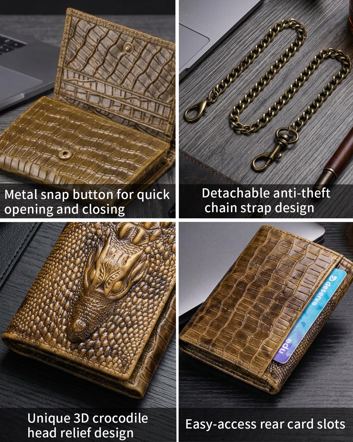 Steel Lion Mens Trifold Wallet Leather RFID Blocking, Crocodile Embossed Slim Wallet with 2 ID Window, 11 Card Slots, Detachable Anti-Theft Chain, Compact Wallet for Business Travel Daily Use (Brown)