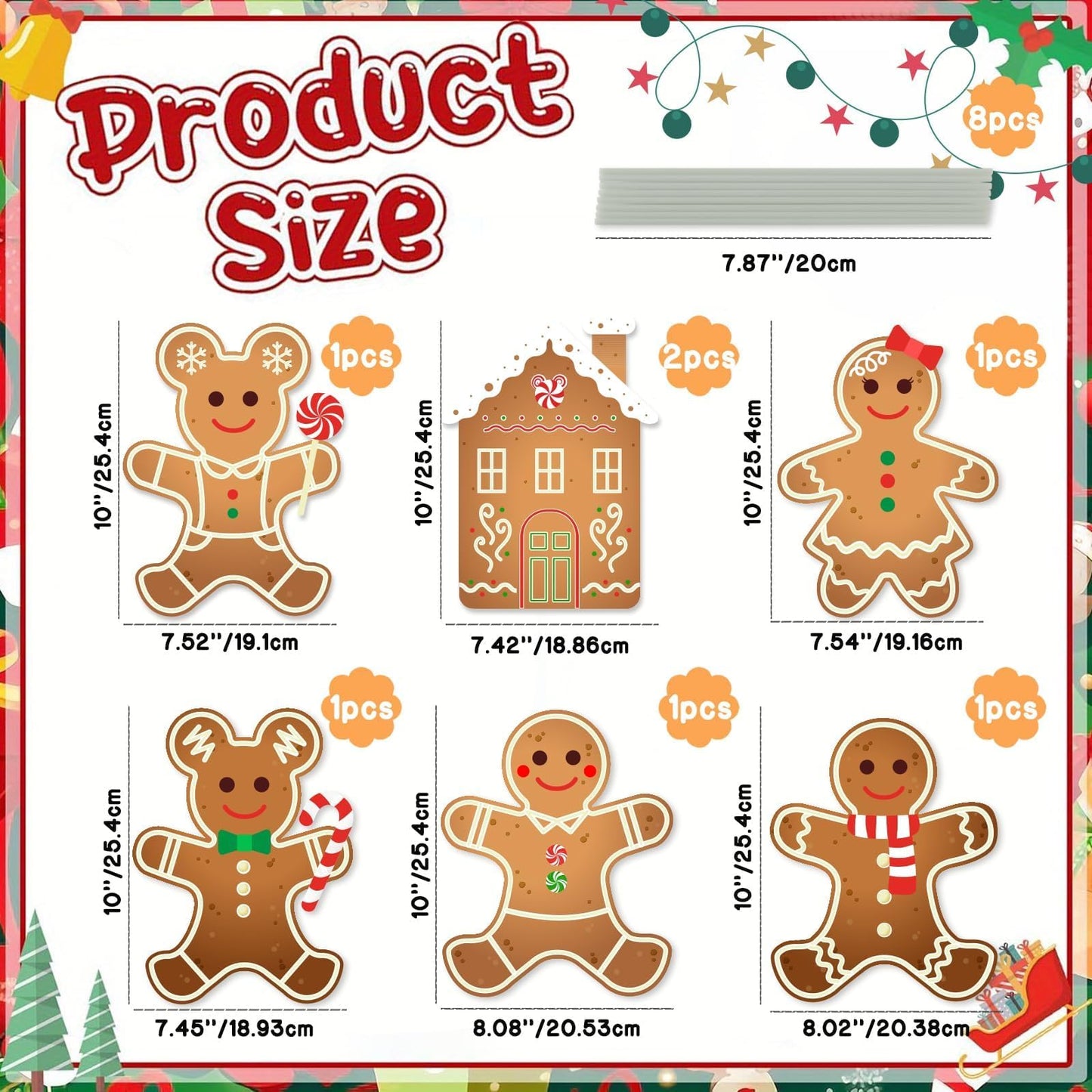 8 Pcs Christmas Tree Decorations Picks, Large Gingerbread Man Christmas Tree Picks, Xmas Gingerbread Man Tree Topper Ornaments for Xmas Trees Winter Holiday Home Party Vase Decor