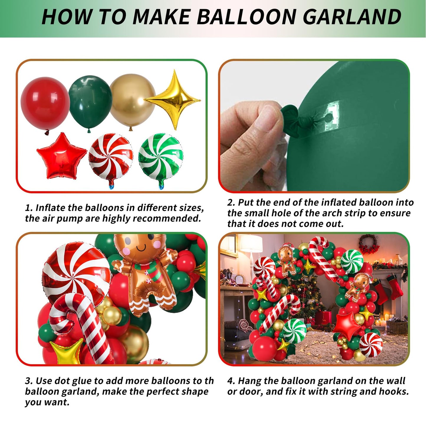Christmas Balloon Garland Arch Kit Red Green Gold Latex Balloons Large Gingerbread Man Red Green Lollipop Candy Mini Cane Foil Balloons with Four/Five Pointed Star for Xmas New Year Party Decorations