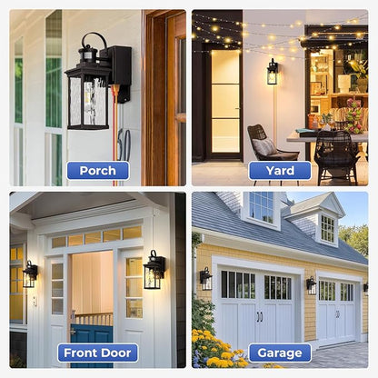 Exterior Lighting Fixtures Wall Mount for Garage with GFCI Outlet, Oil Rubbed Bronze Gold Trim Farmhouse Motion Sensor Porch Lights Outdoor, Outside Sconces for House with Water-Ripple Glass