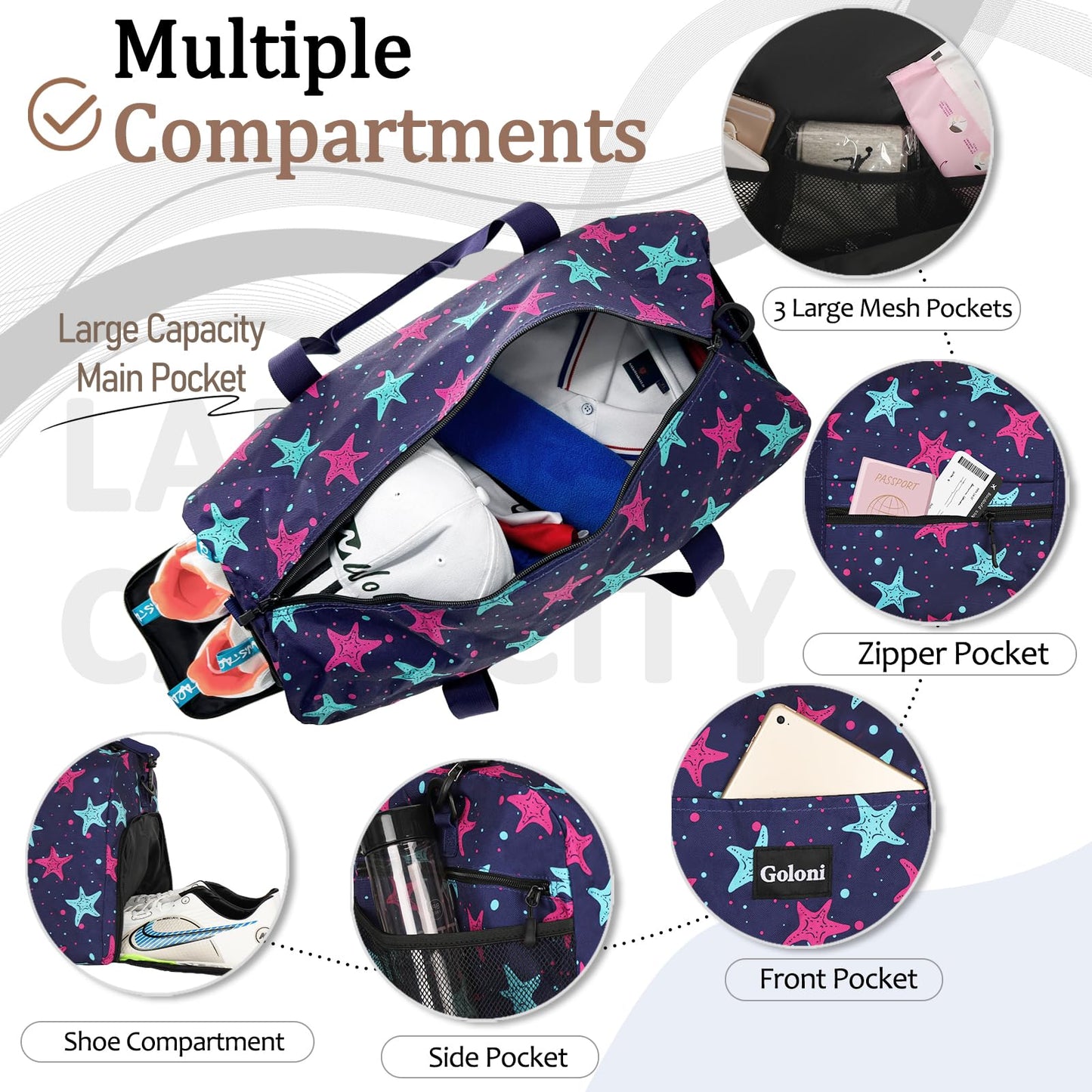 Goloni Cute Duffle Bag for Women, Gym Bag with Shoe Compartment, Lightweight Weekend Travel Duffel Bag,Overnight Bag with Wet Pocket