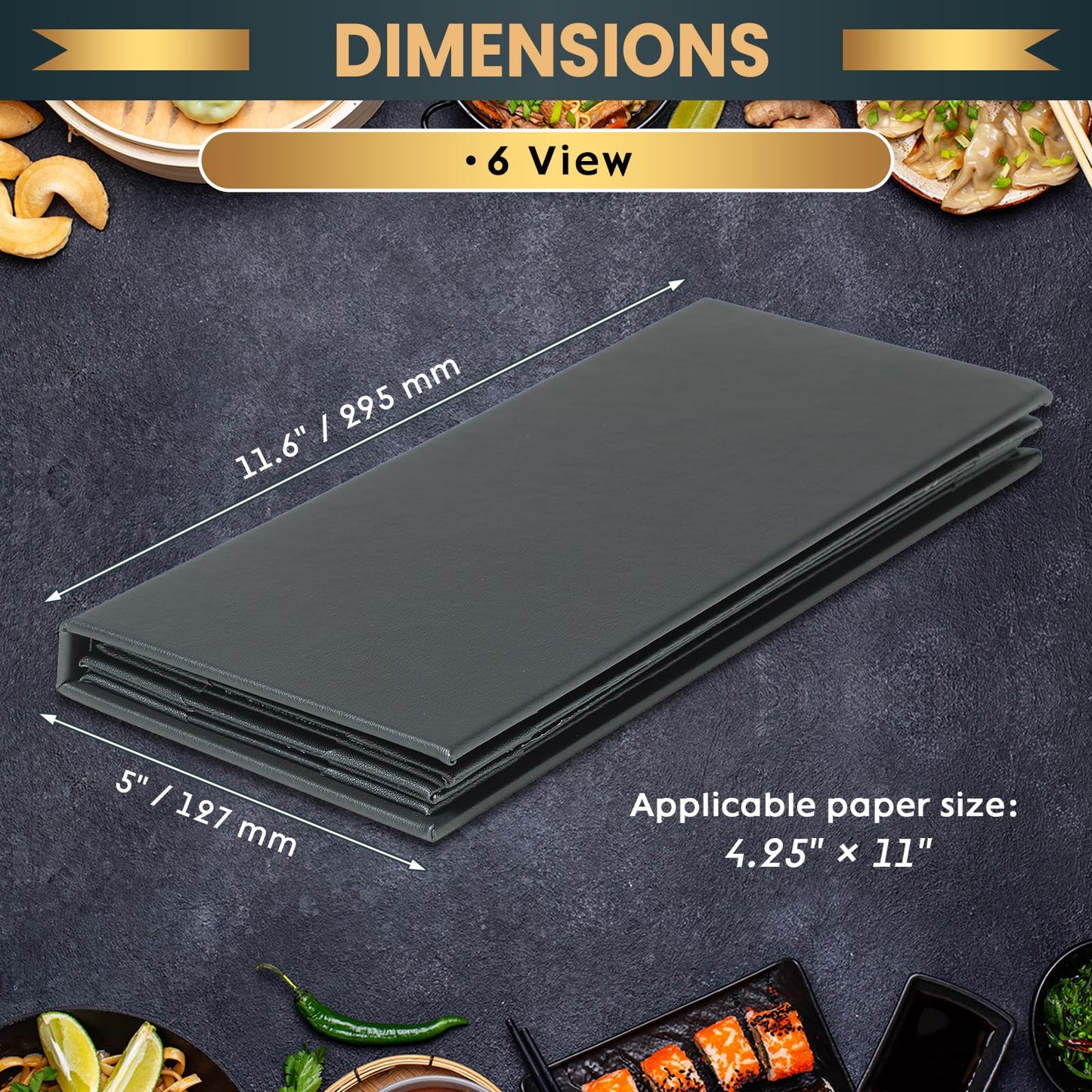 AMGSH 12 Pack 6 View Menu Holder Menu Covers 4.25" x 11" | Black Leather Menu Sleeves Book Style for Restaurant Coffee Bars Wine List