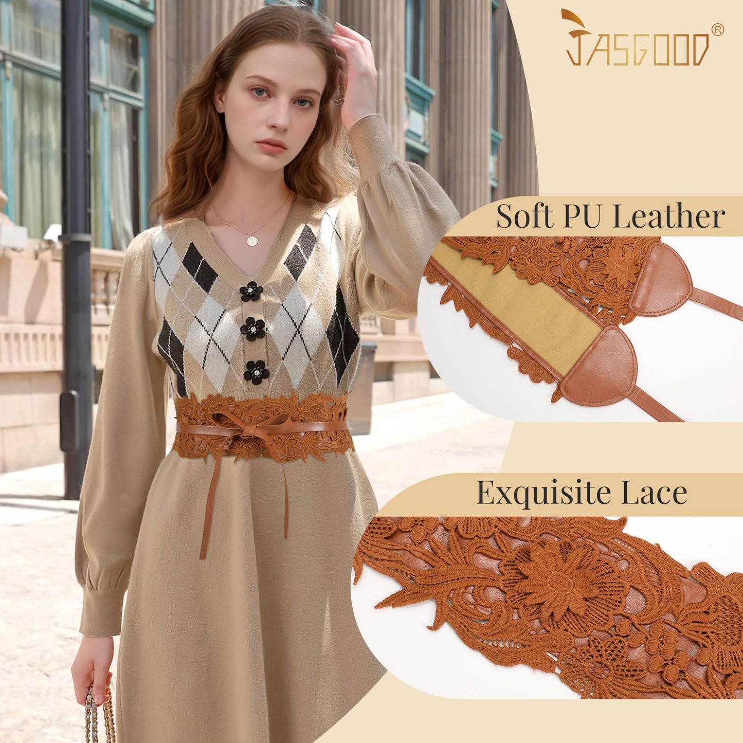JASGOOD Women Lace Waist Belt Corset Waist Band Belt For Dress Obi Bowknot Cinch Wide Belt Bow Tie Wrap Boho Faux Leather,Brown