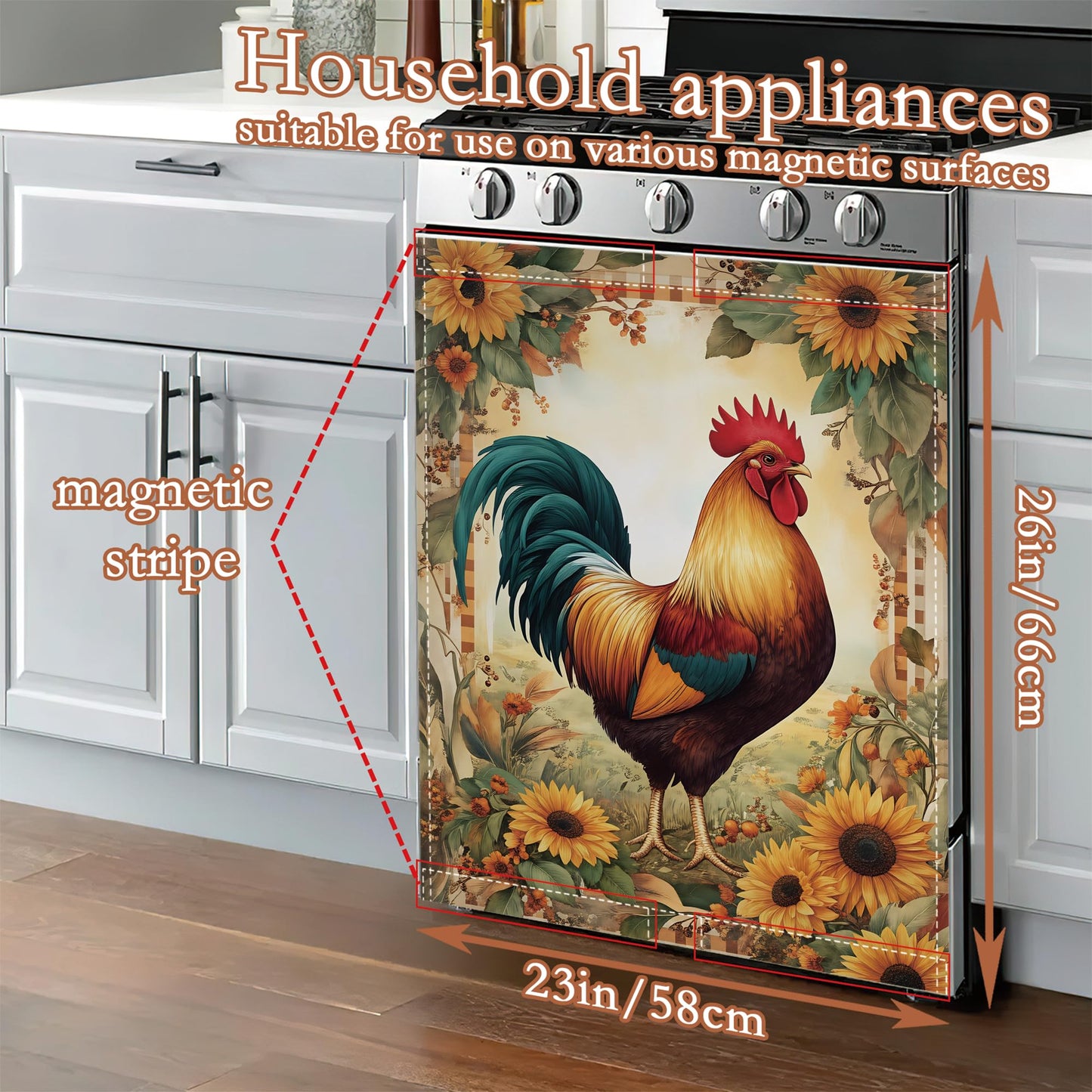 Rooster Sunflower Dishwasher Cover Panel Magnetic,Farmhouse Floral Dishwasher Magnet Decorative Cover for Refrigerator Kitchen Home Decor Reusable Waterproof 23x26 Inch