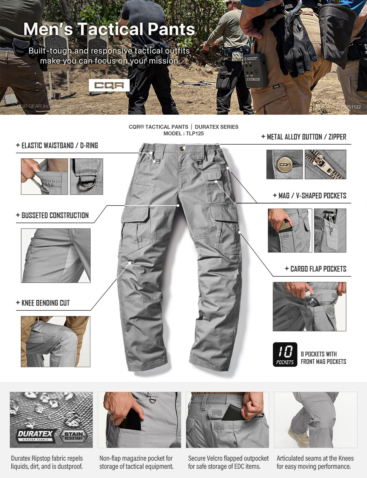CQR Men's Tactical Pants, Water Resistant Ripstop Cargo Pants, Lightweight EDC Work Hiking Pants, Outdoor Apparel, Duratex Mag Pocket Stone, 32W x 32L