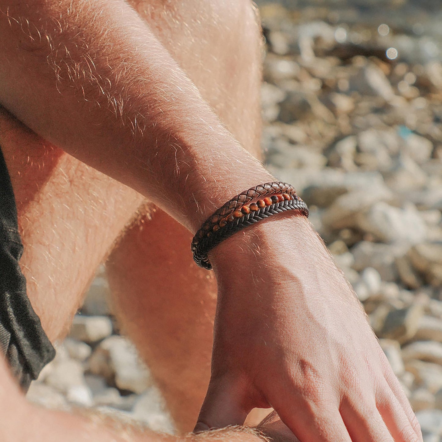 RTZN® Multi Strand Bracelet for Men – Premium Artisan Handcrafted Tiger Eye Bead and Brown Braided Leather Bracelet – Authentic Tigers Eye Stone & Brown Leather Mens Bracelet (Medium)