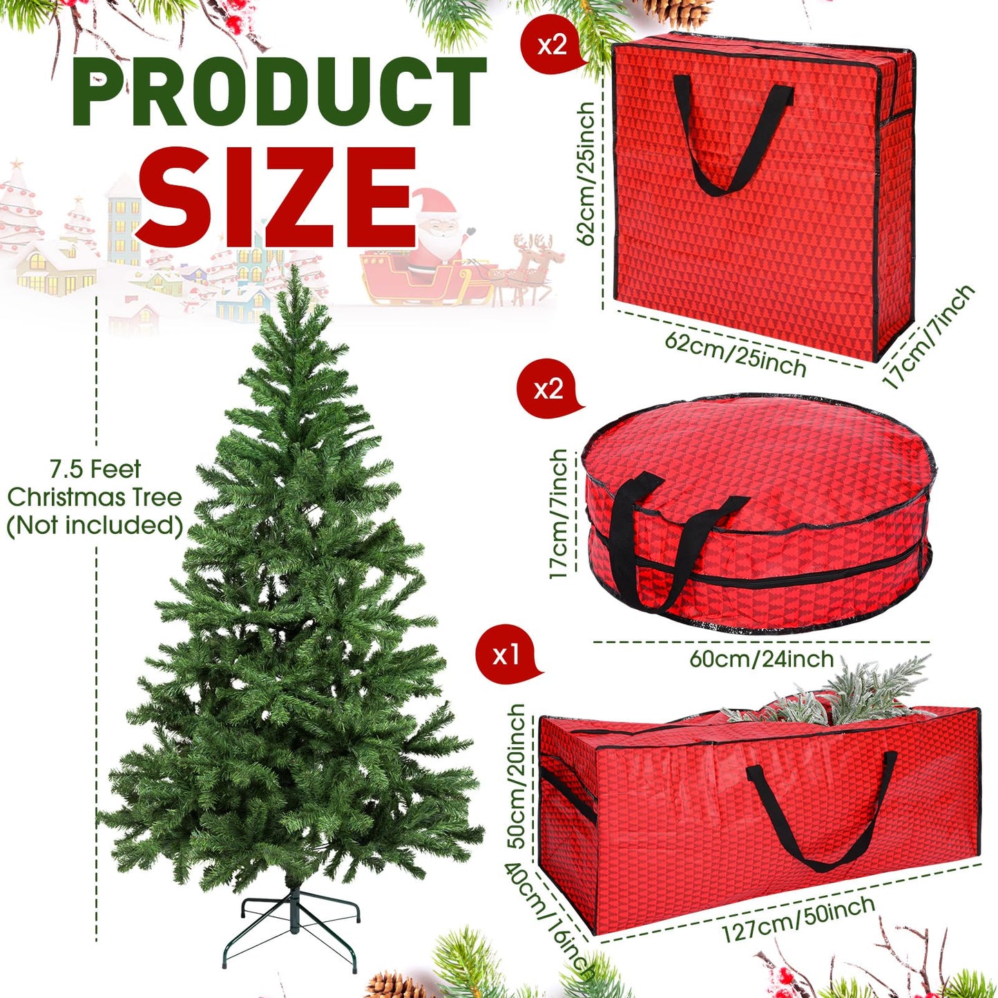 Simgoing 5 Pack Christmas Storage Bags Red, 7.5 ft Christmas Tree Large Bag, 24" Wreath Containers and 25" Garland Packing Tote Moving Bags with Handle Zipper for Artificial Xmas Tree Wreath Garland