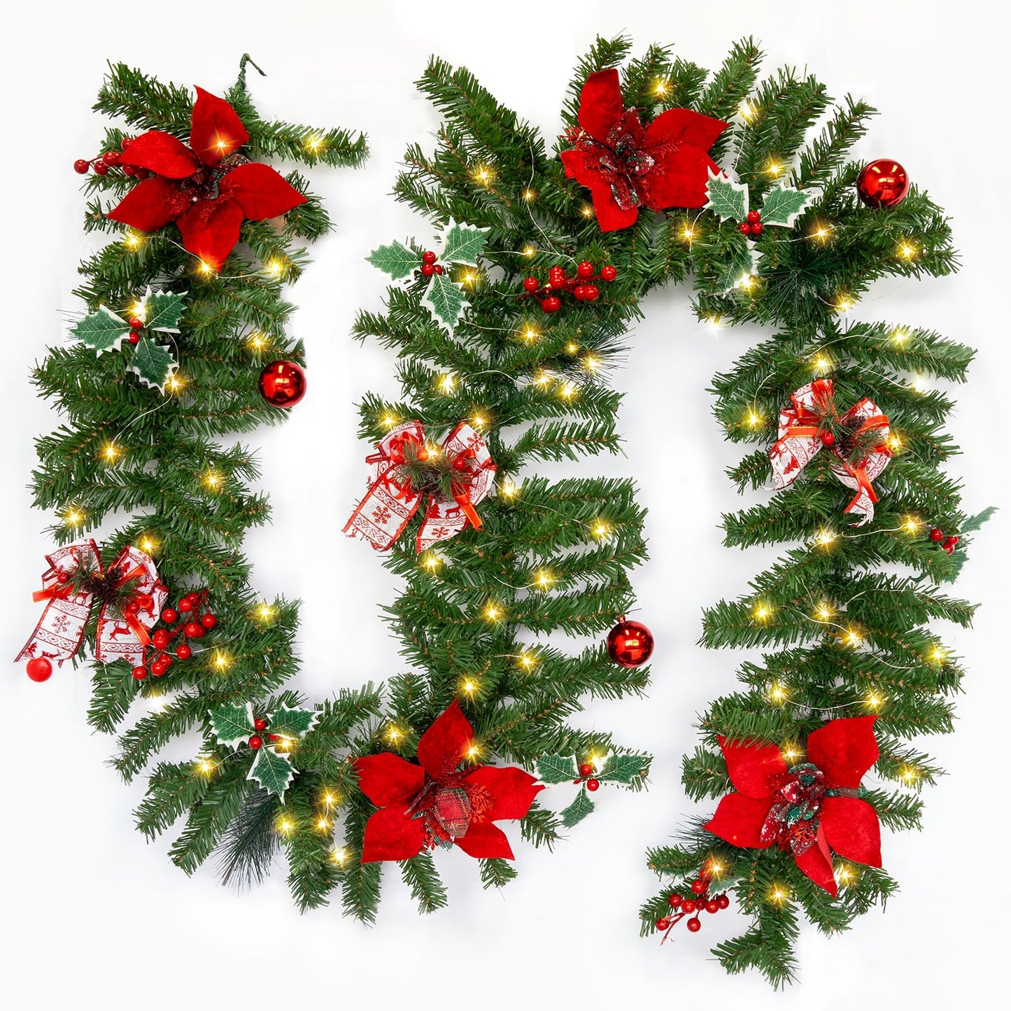 9 FT Christmas Garland with String Light (Individually Packaged), Red Berries, Pinecones, Three-Leafed Berry, Unique Red Flower and Bowknot, Perfect for Decorating Mantel, Staircase, Doorway
