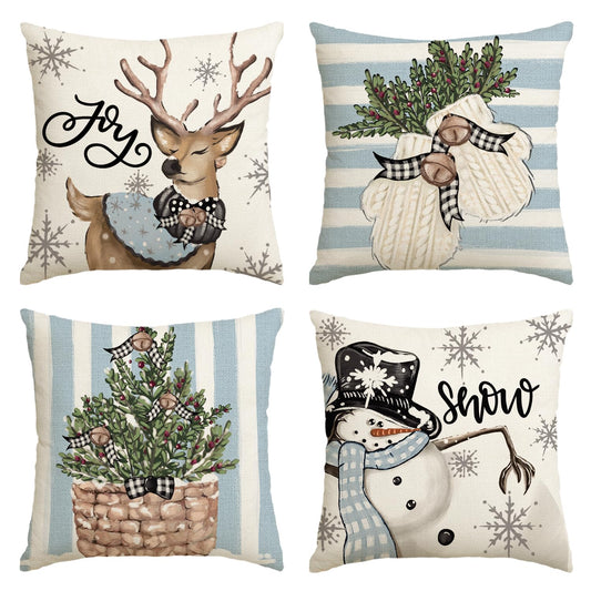 AVOIN colorlife Christmas Snowman Reindeer Gloves Eucalyptus Blue Throw Pillow Covers, 18 x 18 Inch Winter Holiday Stripes Cushion Case Decoration for Sofa Couch Set of 4