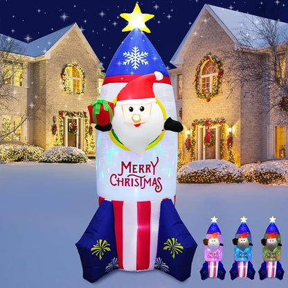 7.2 FT Inflatable Santa Ride Rocket with Gift Box Decorations, Blow Up Yard Decoration Rocket with Built-in Colorful LED Lights for Christmas Decorations