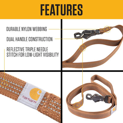 Carhartt Dual Handle Dog Leash, Durable Nylon Webbing Fabric W/Secure Metal Trigger Claw Clasp, Deep Wine, Large