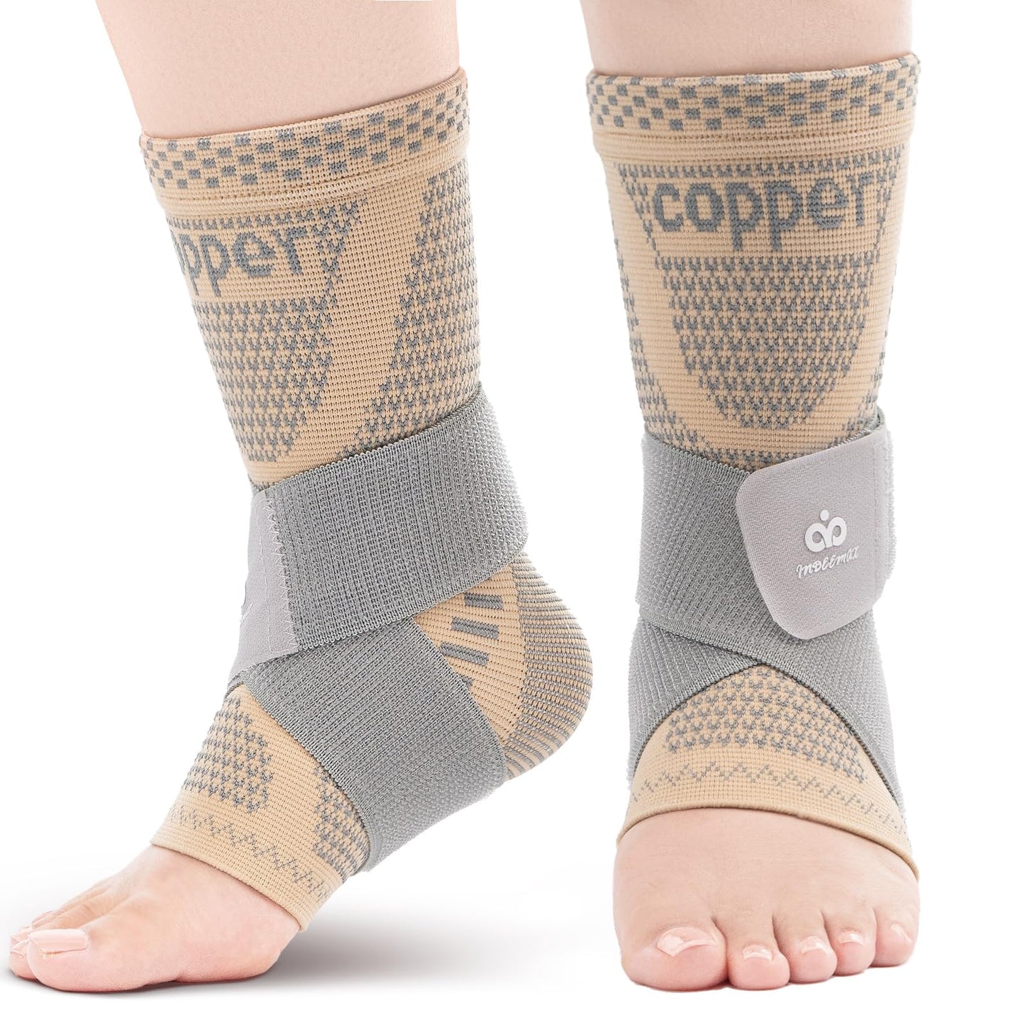 INDEEMAX Ankle Brace for Sprained Ankle Compression Sleeve, 2 Pack Copper Infused Ankle Support Brace for Women & Men, Plantar Fasciitis Relief Achilles Tendonitis, Sports Running, Skin Silver, XL