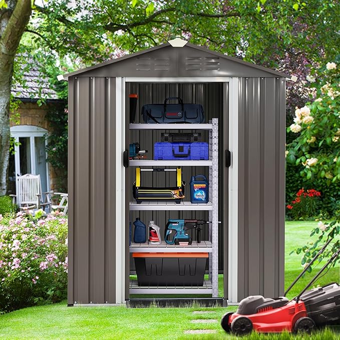 Shintenchi 5x3 FT Outdoor Storage Shed with Window, Lockable Outdoor Waterproof Tool Storage Sheds, Weather Resistant Tool Storage House Shed for Garden,Backyard,Patio Utility Tool Storage,Dark Gray