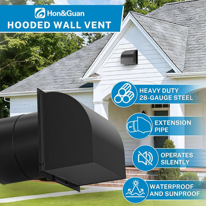 [Upgraded] Hon&Guan 6 Inch Hooded Wall Vent with Magnetic Seal Flap and Removable Mesh, Arc-Shaped 6'' Exhaust Vent Cover Cap for Kitchen Range Hood/Dryer/Bathroom Exhaust(Galvanized Steel, Black)