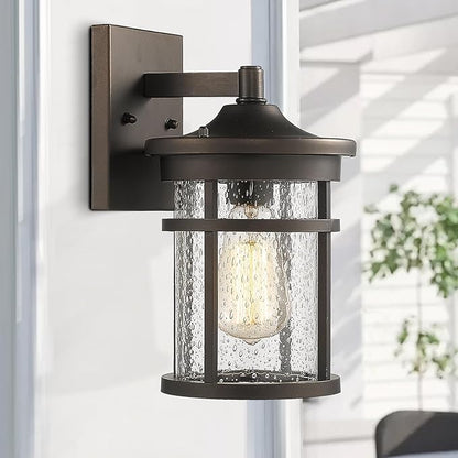 Bestshared Outdoor Wall Light, Exterior Porch Mount Light Fixture, Outdoor Wall Sconce, Front Door Lantern Lamp with Seeded Glass Shade(Oil Rubbed Bronze, 11.3" Height)